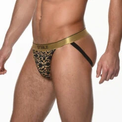 St33le - Cotton Print Low Rise Jockstrap - Black/Gold Filigree -Underwear Speedo 69005 S 76817.1689170650
